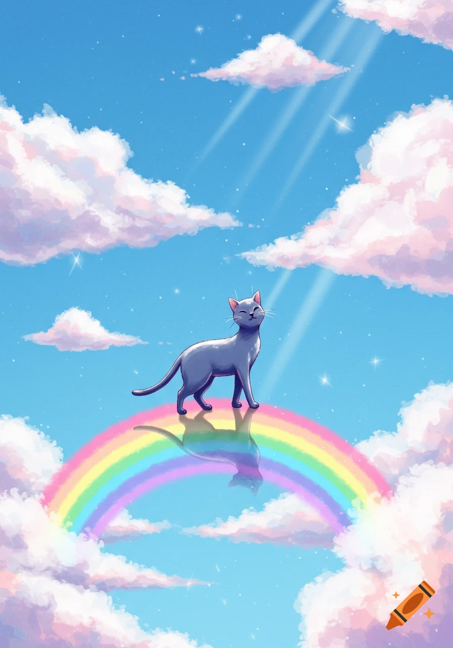 An illustration of a happy gray cat standing on a rainbow in a blue sky with fluffy pink-tinged clouds.