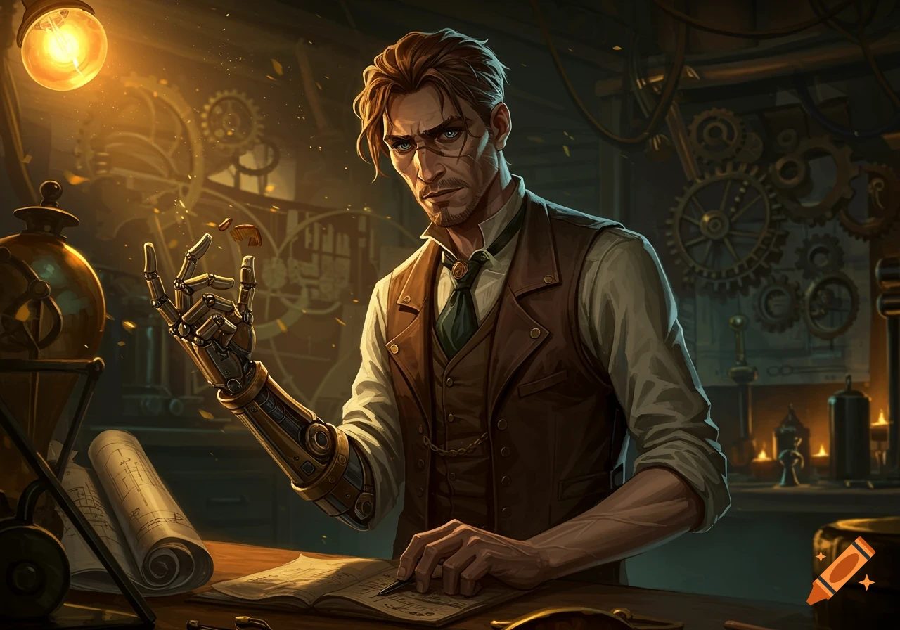 A serious man with a mechanical arm works at a desk in a glowing steampunk workshop, digital art.