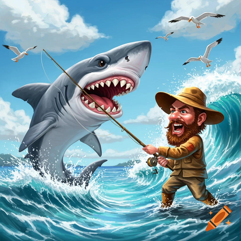 A cartoon man in a hat battles a giant shark leaping from rough ocean waves, surrounded by seagulls under a blue sky.