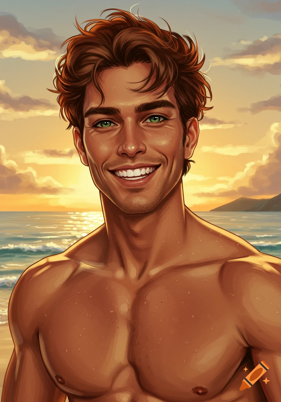 Smiling muscular man with green eyes and brown hair on a beach at sunset, digital art.