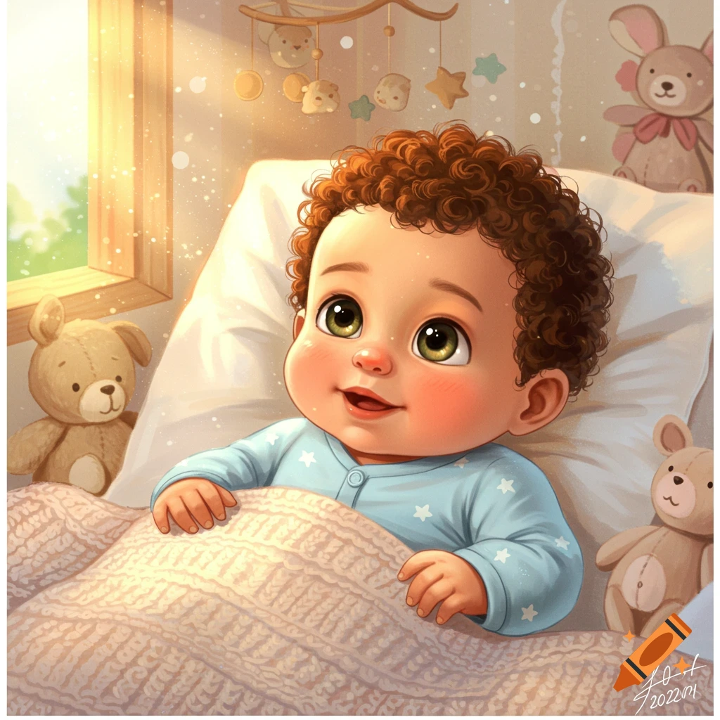 A cute cartoon baby with curly brown hair and big green eyes lies in a crib, smiling softly, surrounded by stuffed animals and a mobile.