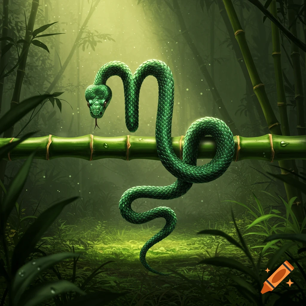 A vibrant green snake, shaped like the Scorpio M glyph, coiled around a bamboo stalk in a lush jungle with dappled sunlight.