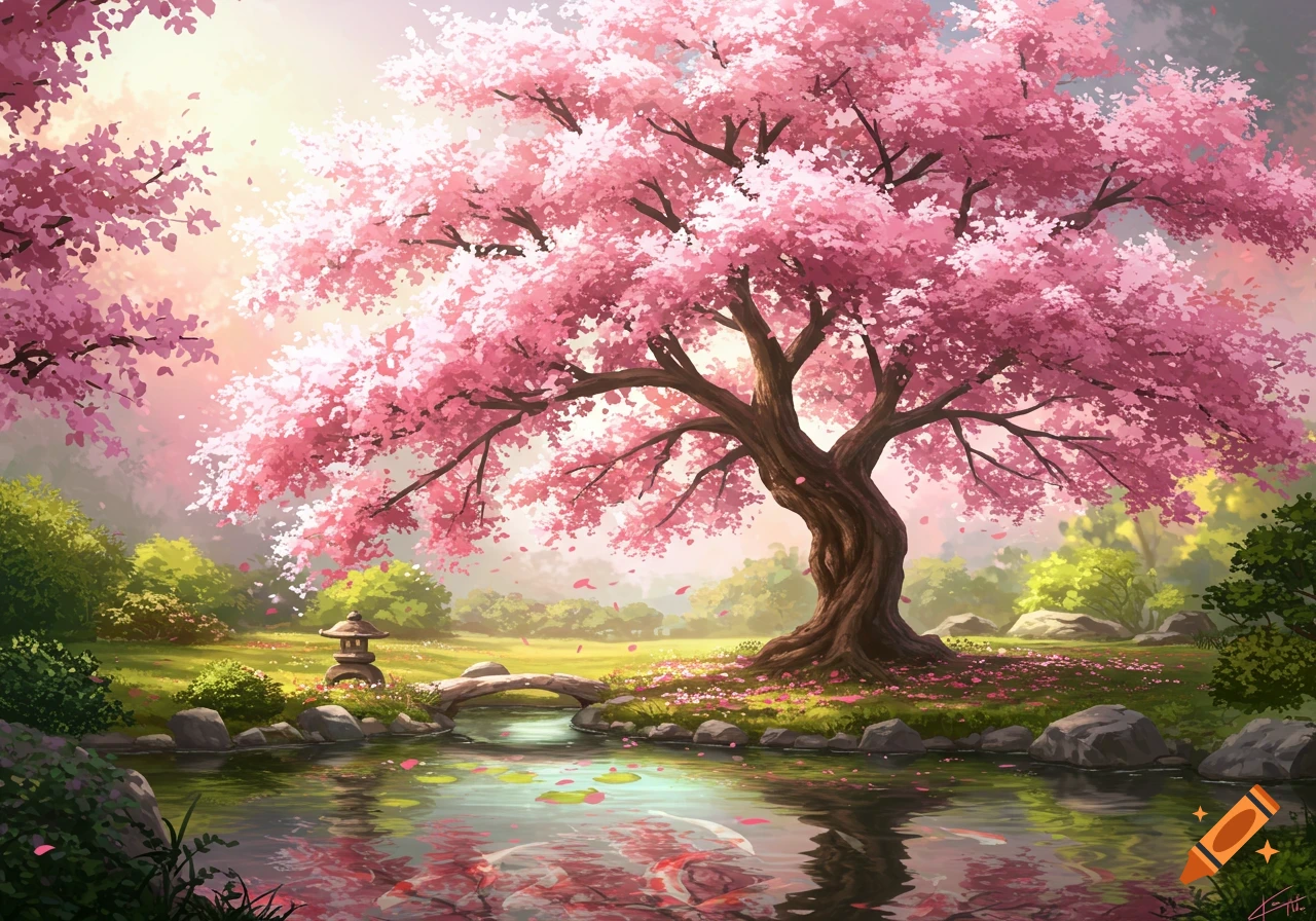A vibrant digital painting of a large pink cherry blossom tree in a serene Japanese garden with a pond, a bridge, and koi fish.