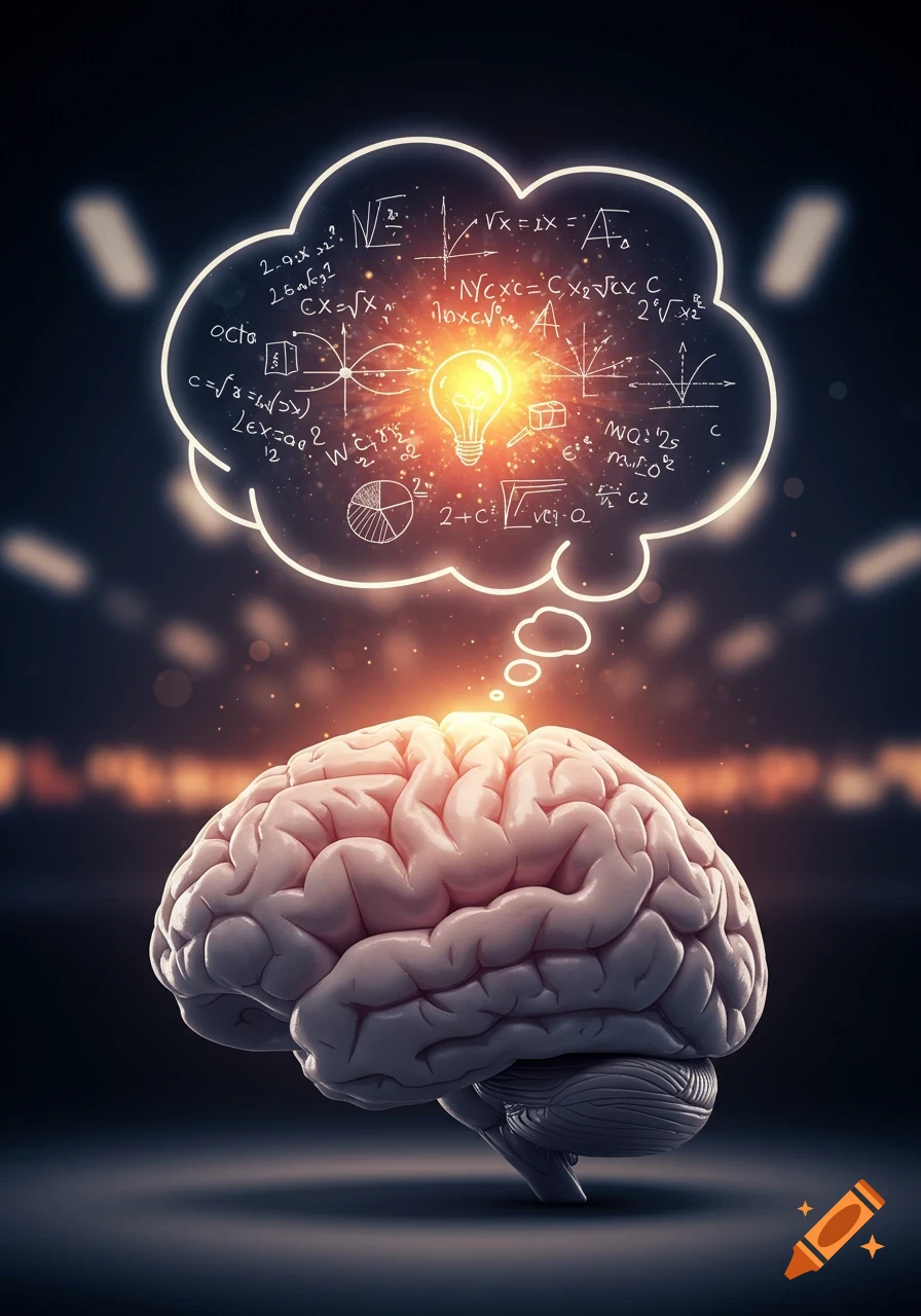 A glowing human brain with a thought bubble above it filled with mathematical equations, scientific symbols, and a bright lightbulb, against a dark, blurry background.