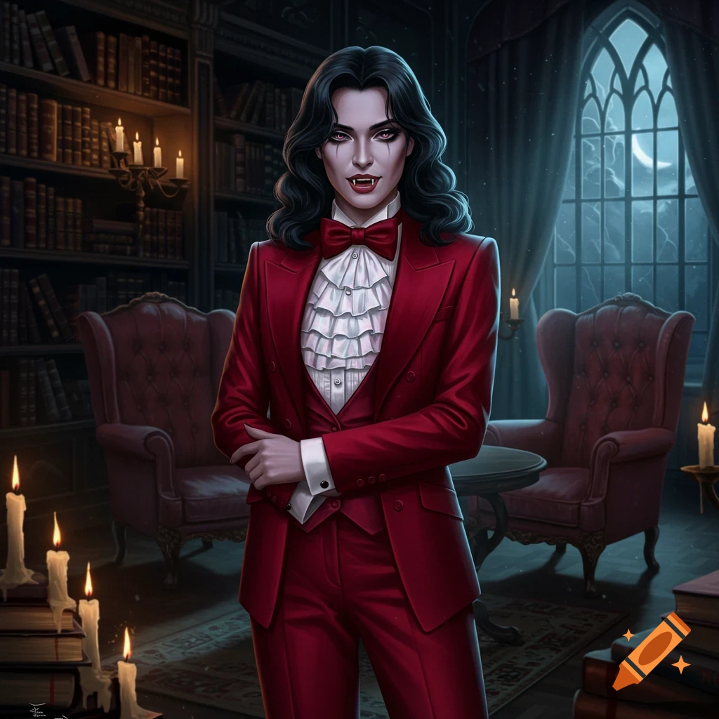 A woman vampire in a red suit with fangs and red eyes stands in a candlelit gothic library.