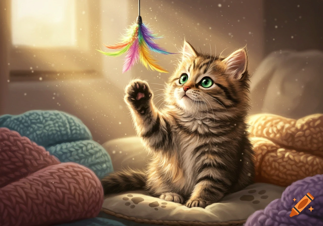 A cute fluffy tabby kitten with green eyes plays with a colorful feather toy on a pillow in a sunlit room.