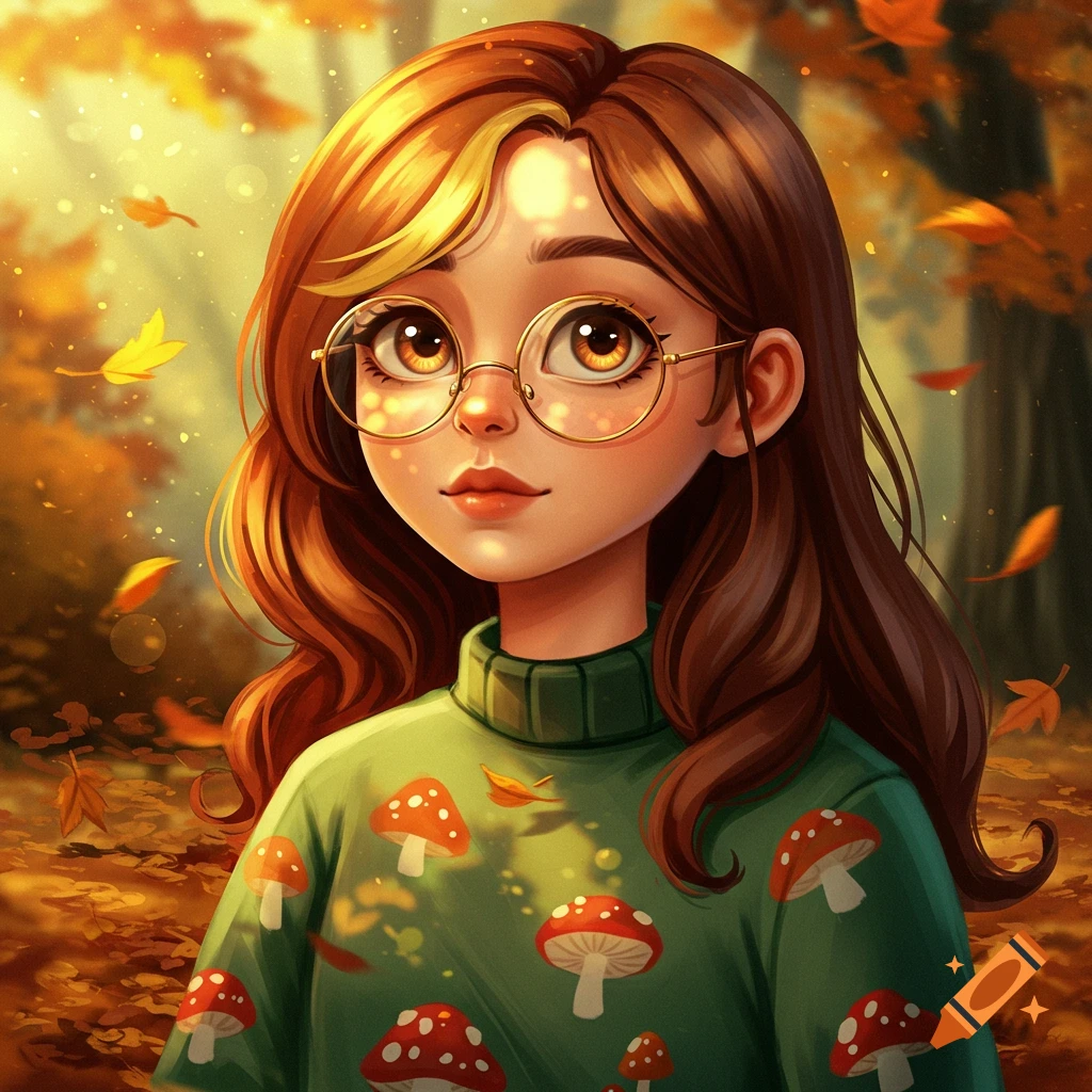 A cartoon girl with brown hair and gold glasses wears a mushroom sweater in an autumn forest.