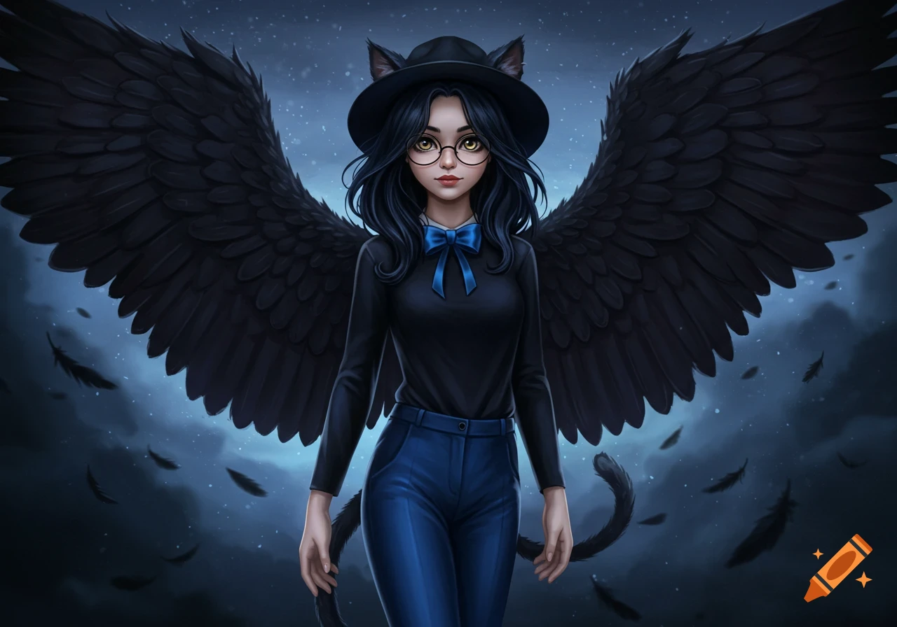 A stylized illustration of a winged woman with cat ears and tail, wearing a black hat, glasses, blue bow, shirt, and blue pants, against a dark, cloudy sky.