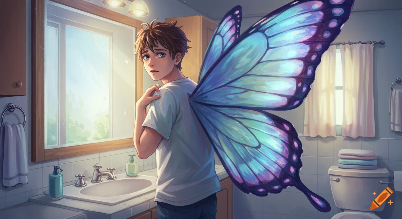 An anime-style young man with large blue butterfly wings stands in a bathroom, looking distressed.