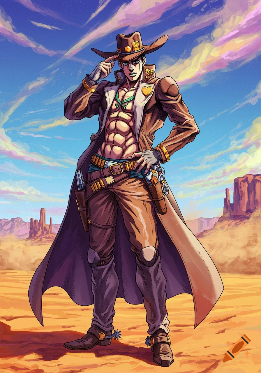 A muscular anime cowboy in a brown trench coat and hat, tipping his hat in a desert landscape.