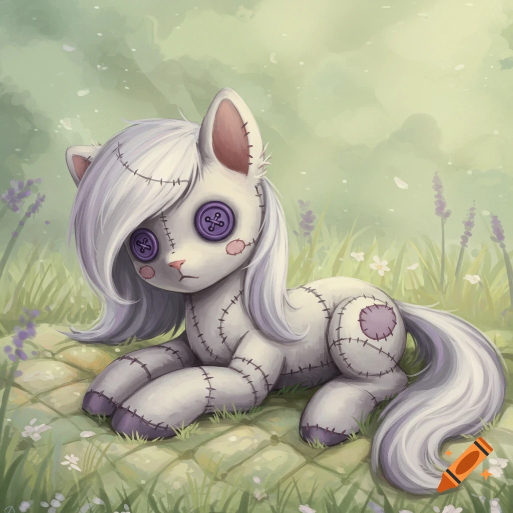A cute gray and white ragdoll pony with light purple button eyes and stitched patches lies on a quilted mat in a grassy field with lavender flowers, illustrated.