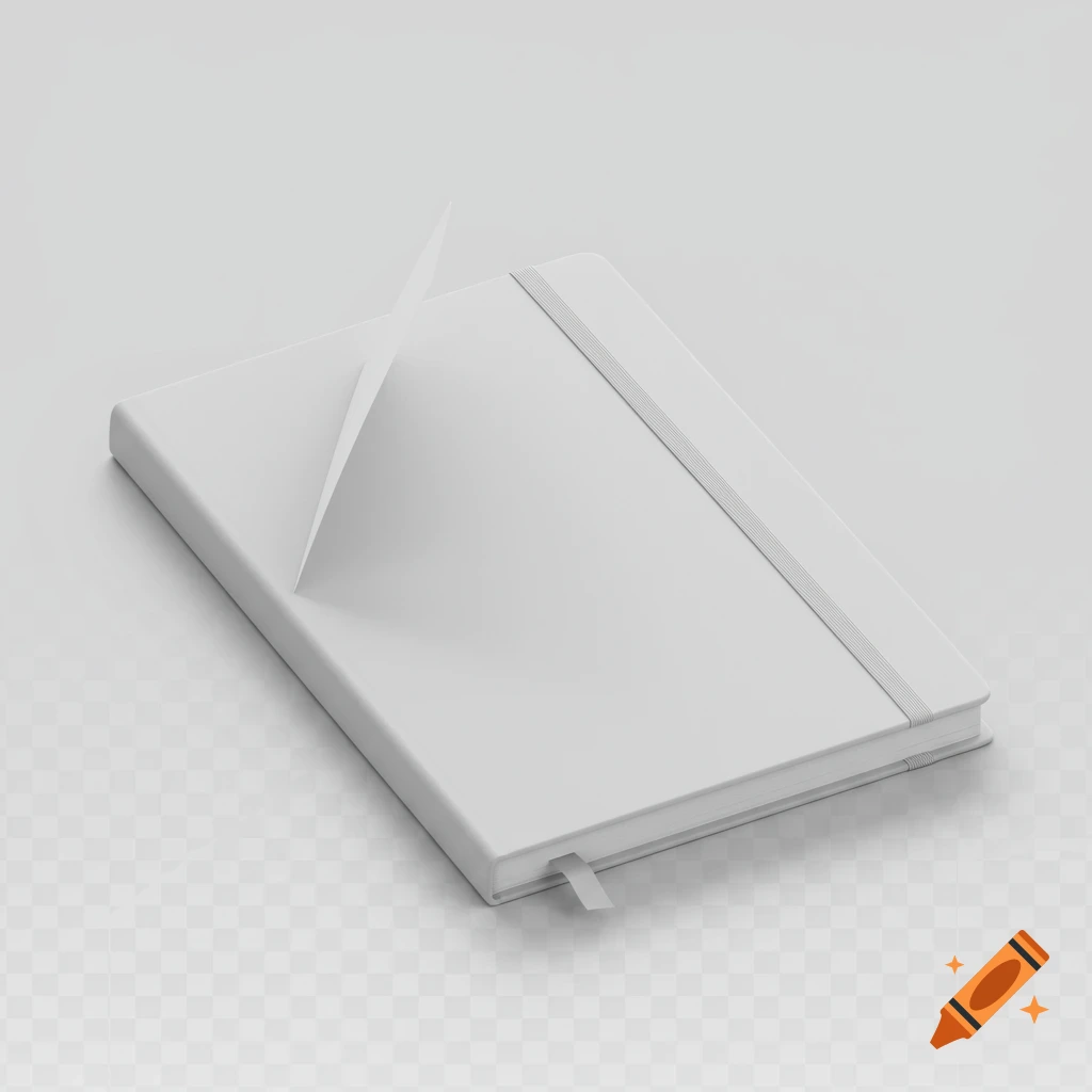 A white, modern notebook with an elastic band and a bookmark, featuring a slightly open cover, on a transparent background.
