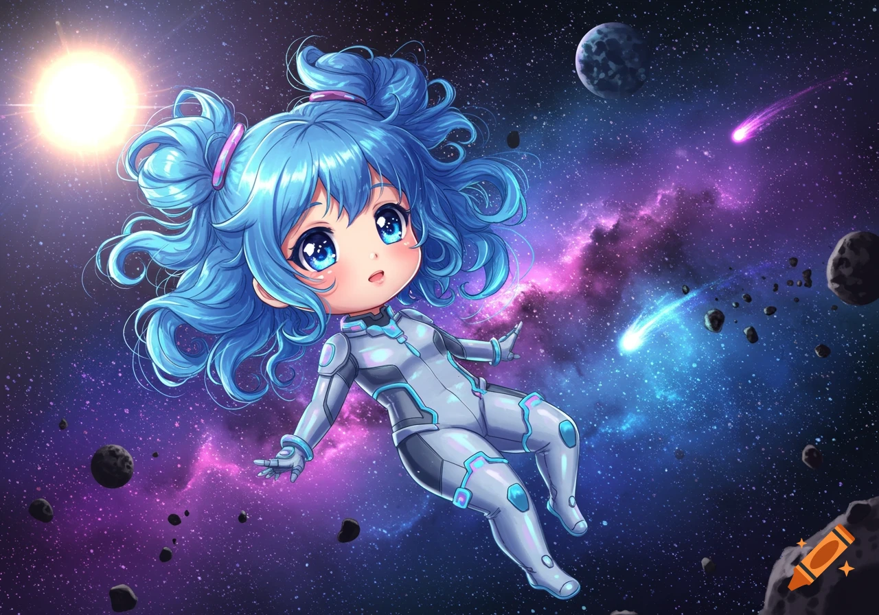 A cute anime girl with blue curly hair in a space suit floats in a vibrant purple and blue galaxy with stars and planets.