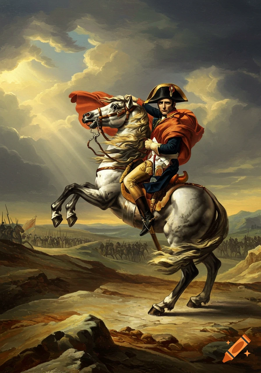 Napoleon Bonaparte on a rearing white horse, red cloak flowing, leading troops on a rocky mountain pass under a dramatic sky. Classical painting.