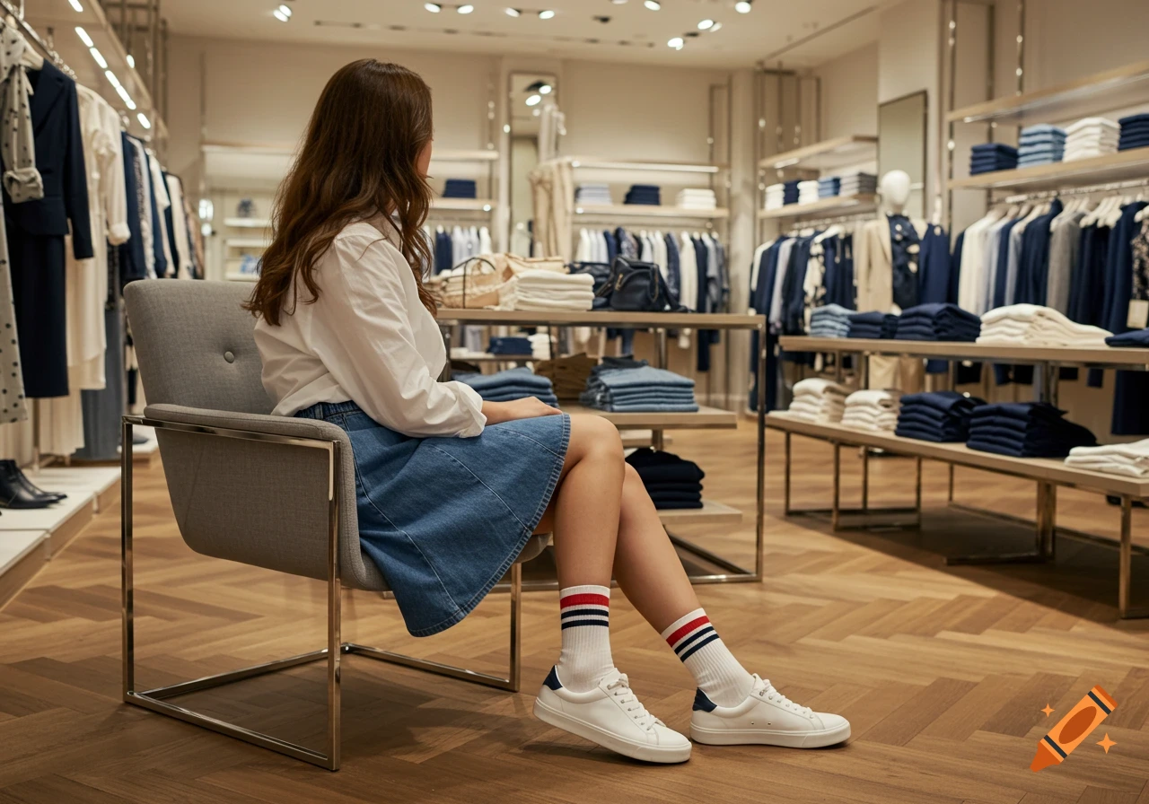 Woman with brown hair in a white shirt, denim skirt, and striped socks sitting on a chair in a clothing store, photorealistic.