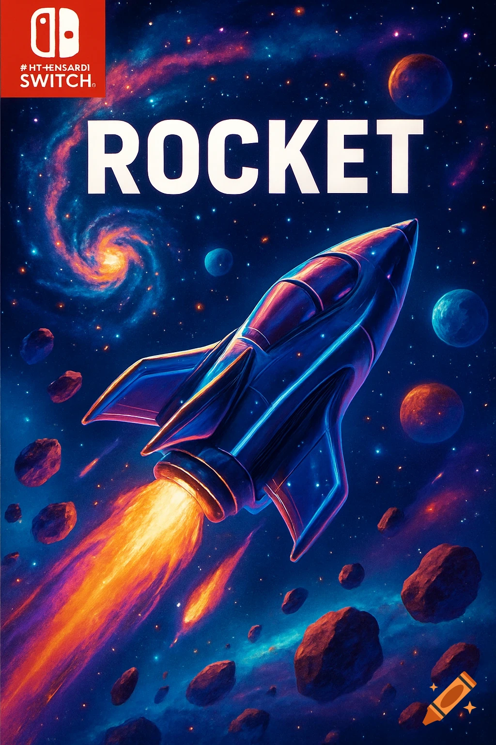 A vibrant, stylized game cover shows a rocket blasting off through a colorful cosmic scene with planets, asteroids, and a swirling galaxy, with "ROCKET" written prominently and a Nintendo Switch logo.