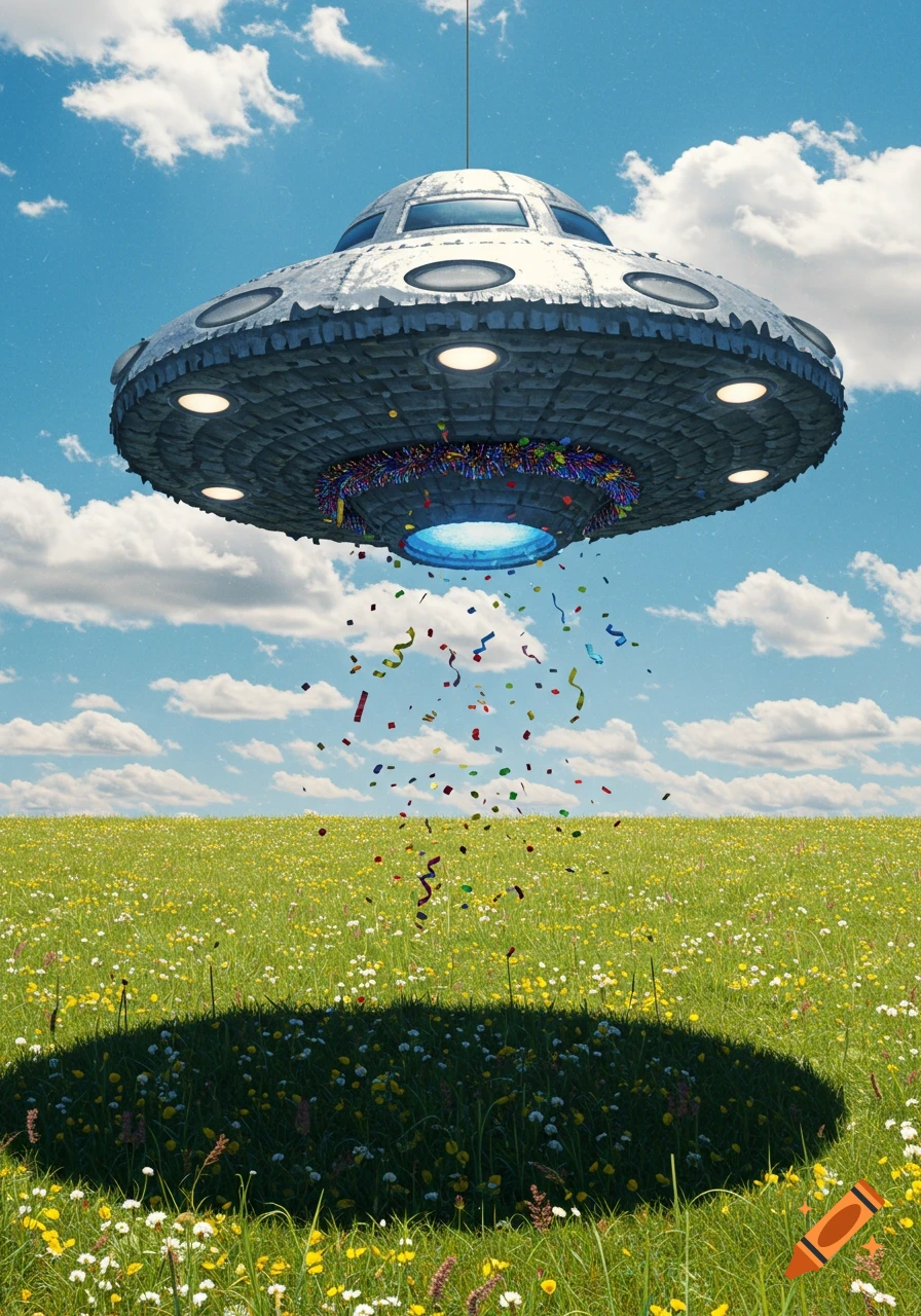 A large, silver UFO-shaped pinata hangs in a blue sky, dropping colorful confetti over a field of green grass and wildflowers.