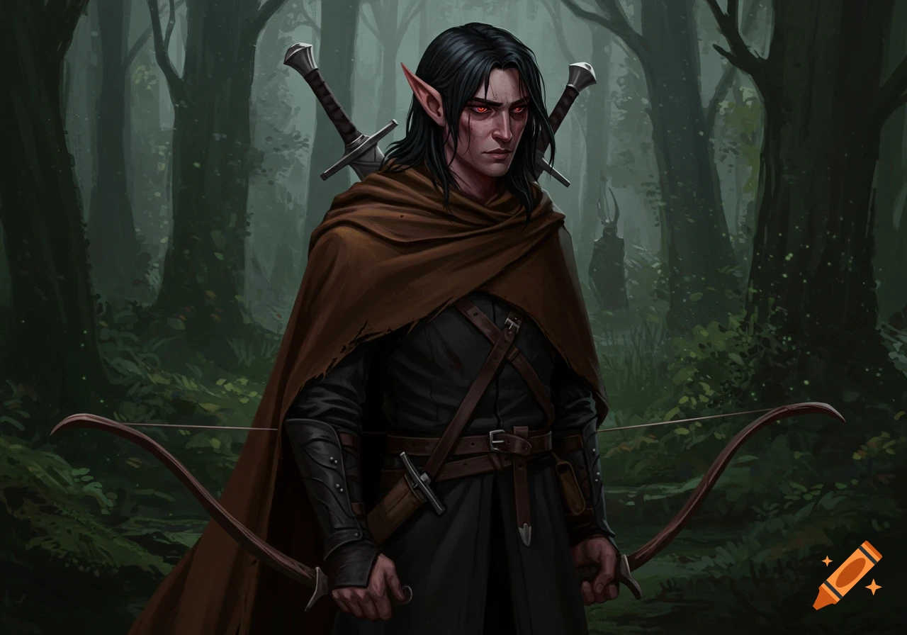 A dark-haired half-elf ranger with red eyes, wearing a brown cloak, with swords on his back and holding a bow in a dark forest.