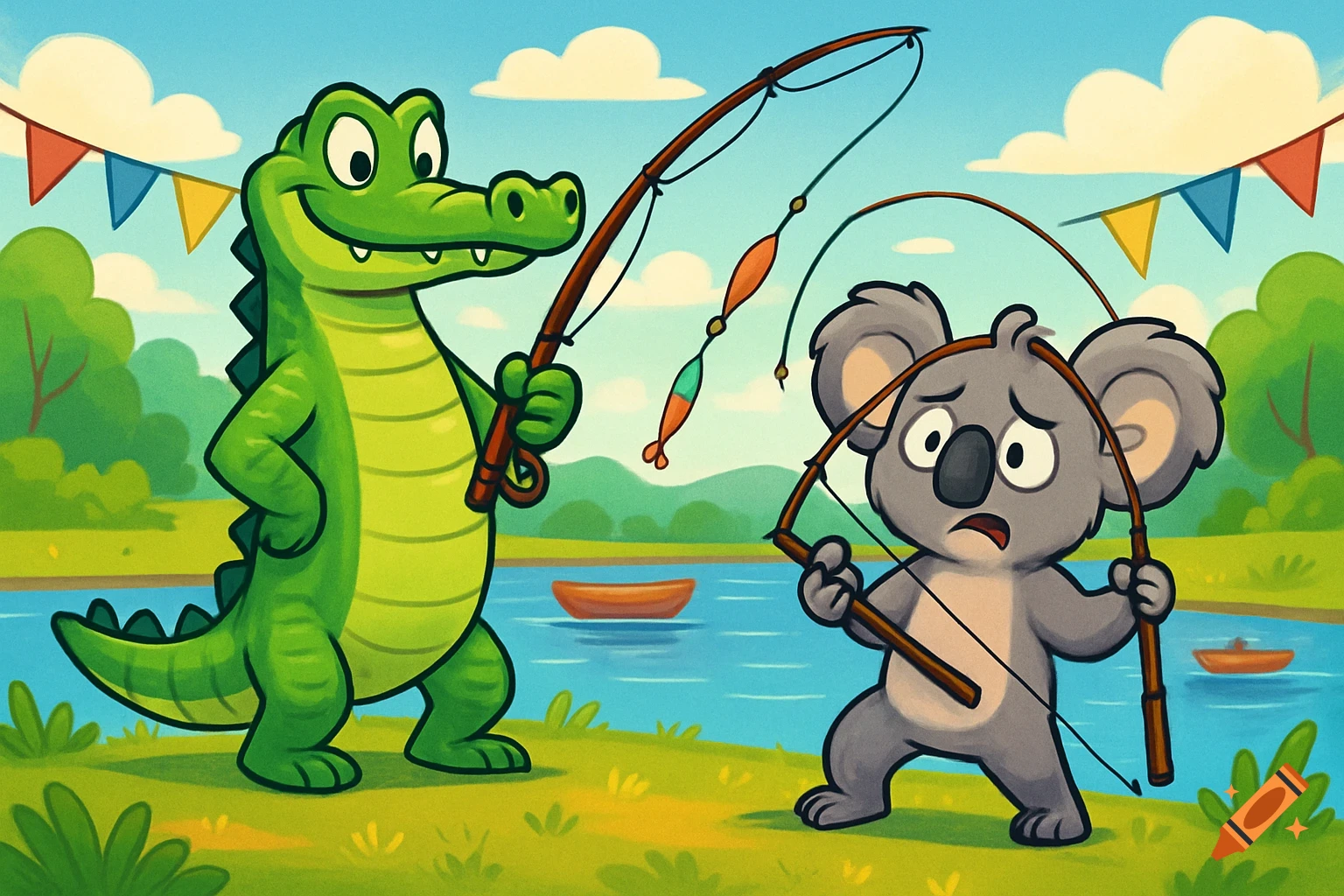A confident green cartoon crocodile holds a fishing rod next to a nervous gray koala holding a bent fishing rod by a lake, with colorful banners overhead.