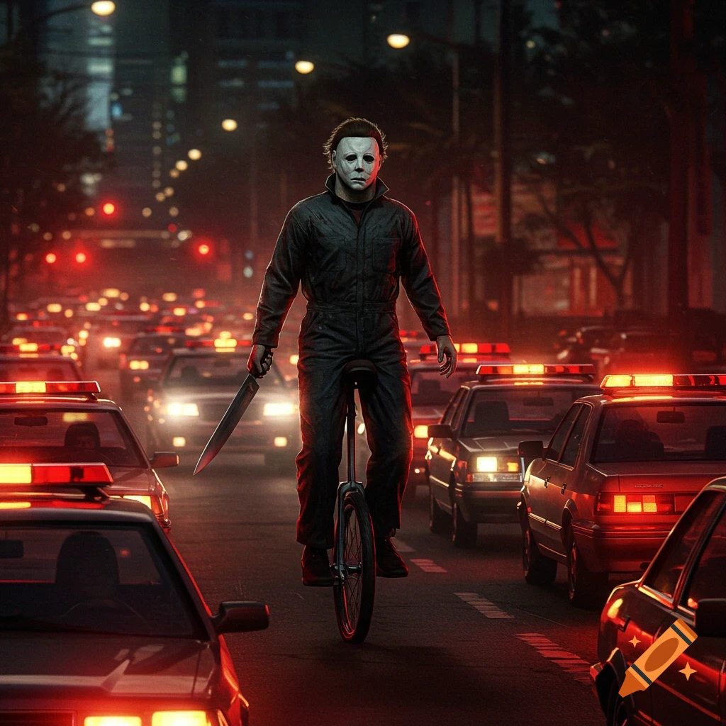 Michael Myers in a dark jumpsuit and white mask rides a unicycle through a city street filled with cars and flashing red lights at night. He holds a large knife. Photorealistic style.