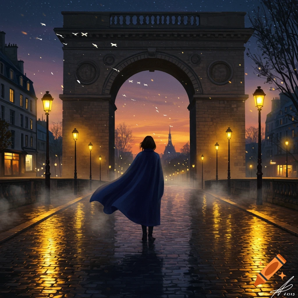 A person in a flowing blue cape walks on a wet cobblestone street toward a large archway at a vibrant sunset in a stylized digital painting.