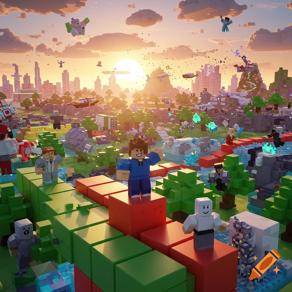 A vibrant, blocky video game world at sunset, with numerous stylized characters, flying vehicles, and futuristic cities.