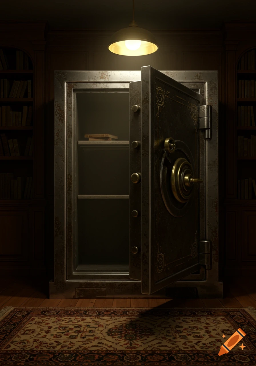 A dimly lit room with an open, empty antique safe, dark bookshelves, and a patterned rug.