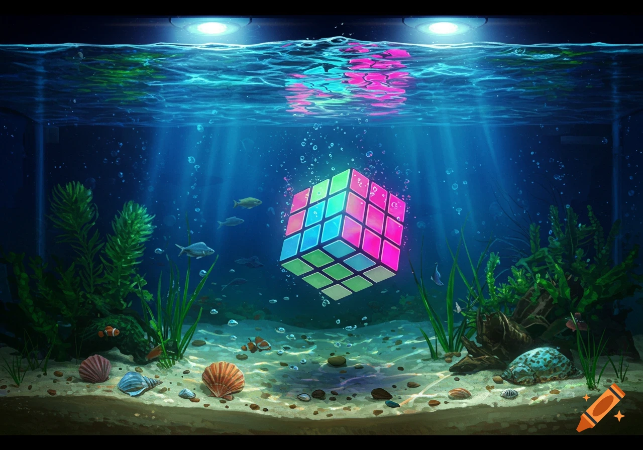 A neon colorful Rubik's cube glowing underwater in a vibrant aquarium with fish, green plants, shells, and pebbles on the sandy bottom.