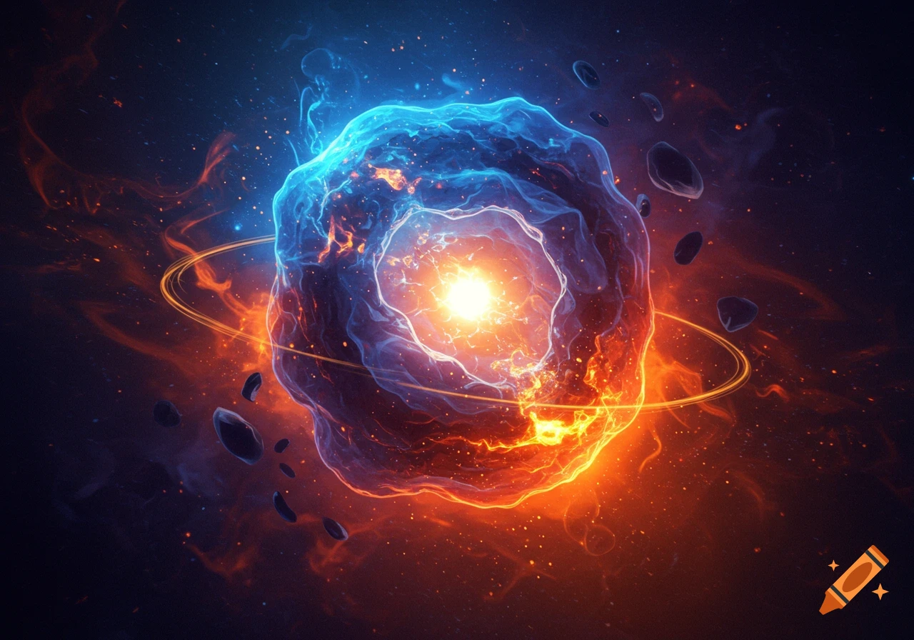 A vibrant, glowing blue and orange energy sphere with a bright white core, surrounded by swirling nebulae and small dark fragments in deep space.