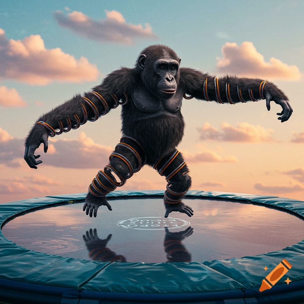 A photorealistic chimpanzee-like ape with orange and silver springs on its arms and legs, standing on a wet trampoline at sunset.