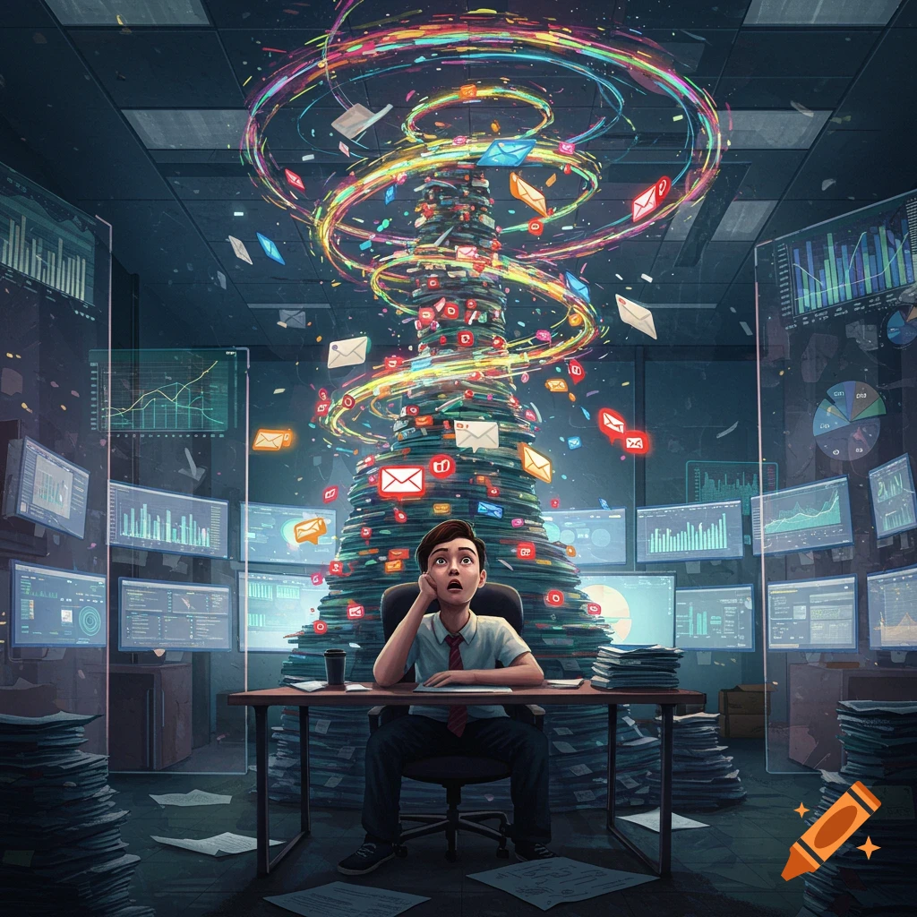 A man sits at a desk, looking overwhelmed by a giant pile of papers, digital data streams, and emails swirling around.