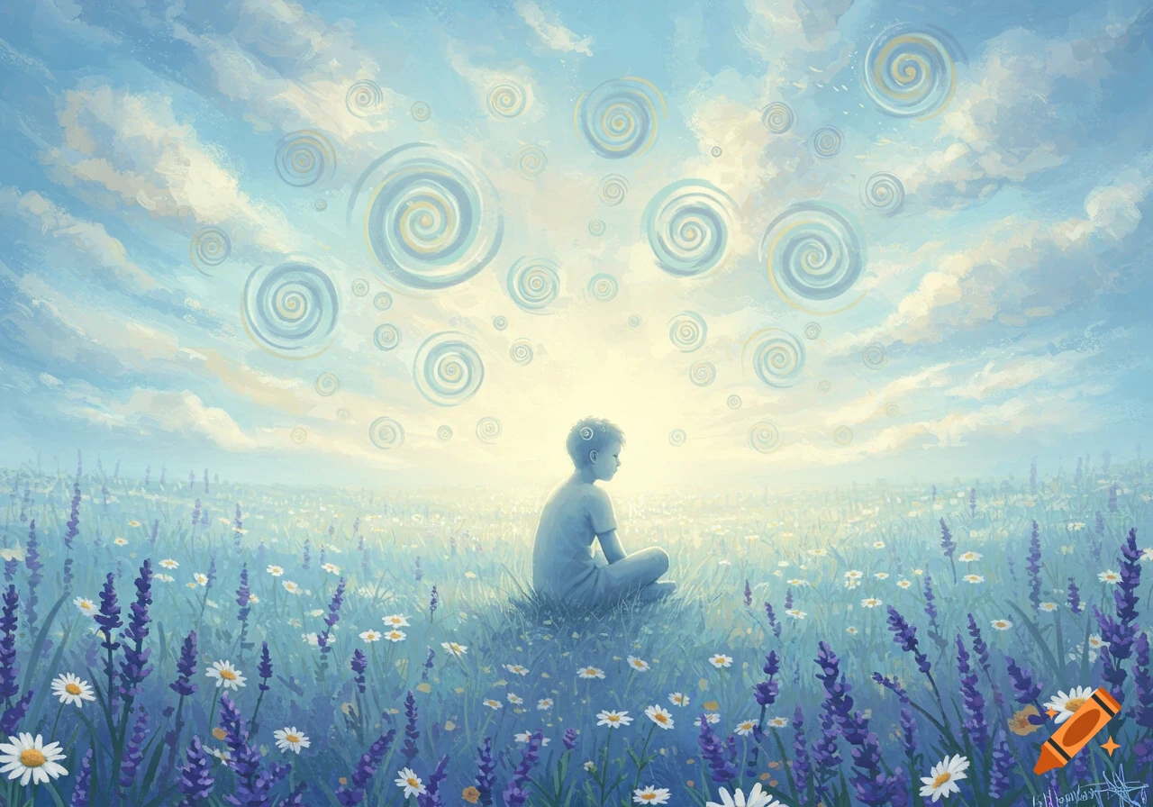 A child-like figure sits in a vibrant lavender and daisy field under a swirling blue sky, in a serene, dreamy painting.