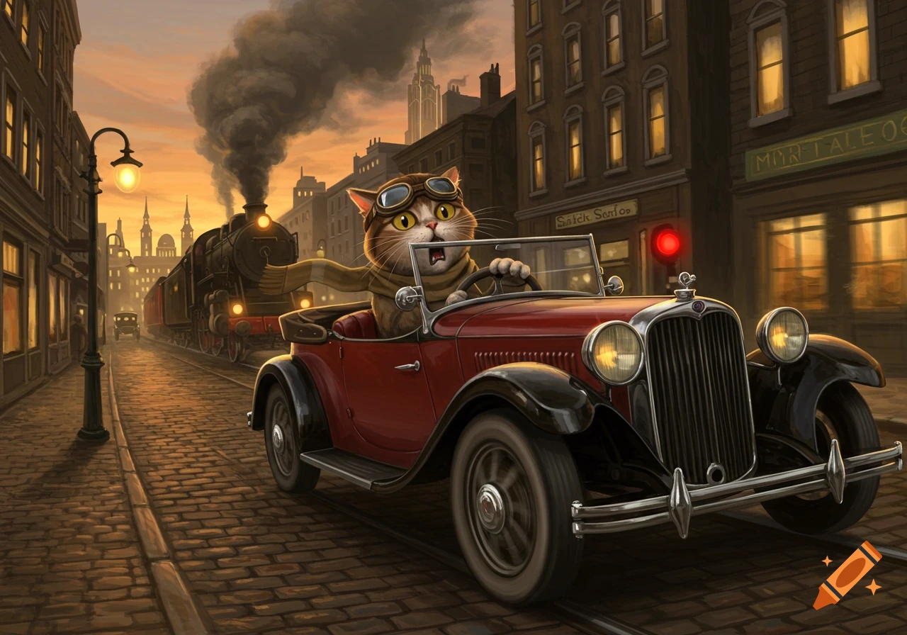 A wide-eyed cartoon cat in goggles and a scarf drives a red 1920s car on cobblestone streets as a steam train approaches in a vintage city at sunset.