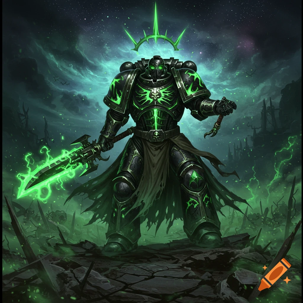 A menacing space marine in black and glowing green armor stands in a ruined, stormy landscape, holding a glowing green spear.