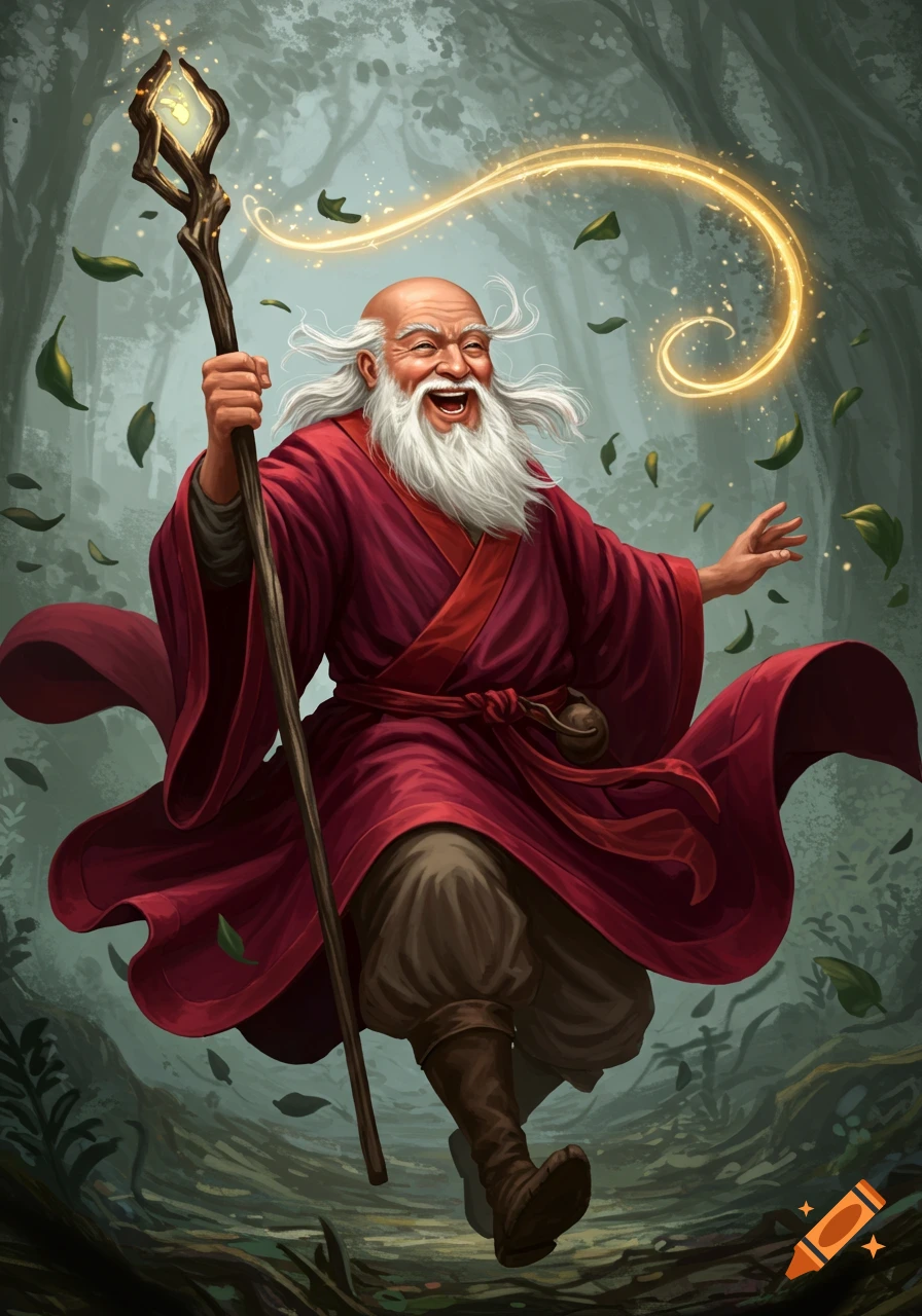 A happy old wizard with a white beard and red robe runs through a forest, holding a glowing magical staff with swirling leaves.