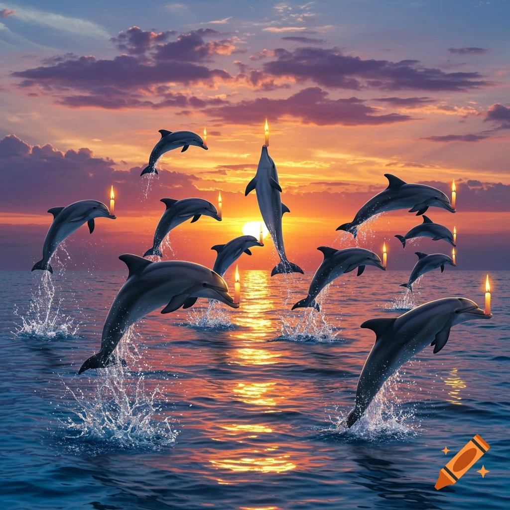 Several dolphins leap from sunset-lit ocean waves, each with a lit candle in its blowhole.