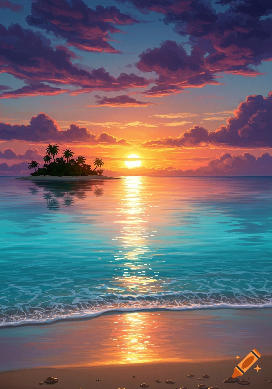 Vibrant digital painting of a tropical sunset over a turquoise ocean with a small island and waves on a sandy beach.