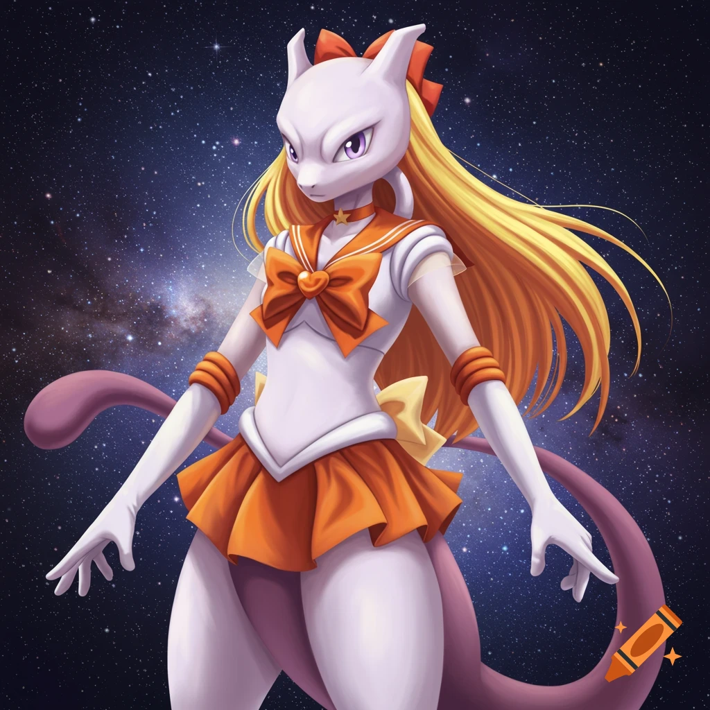 Mewtwo cosplaying as Sailor Venus, standing against a starry night sky in an anime art style.