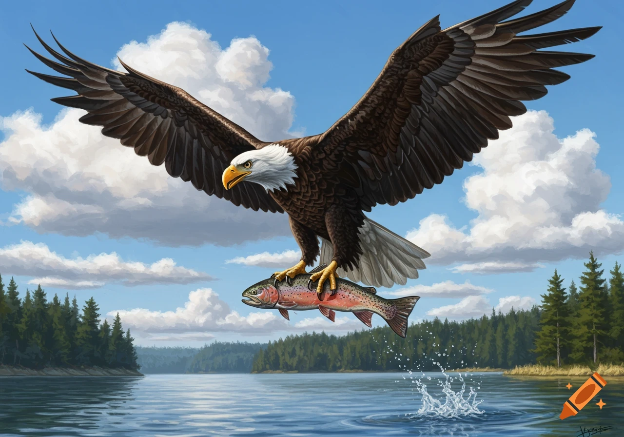 A majestic bald eagle flies low over a lake, clutching a freshly caught fish in its talons, with a forest and blue sky in the background.