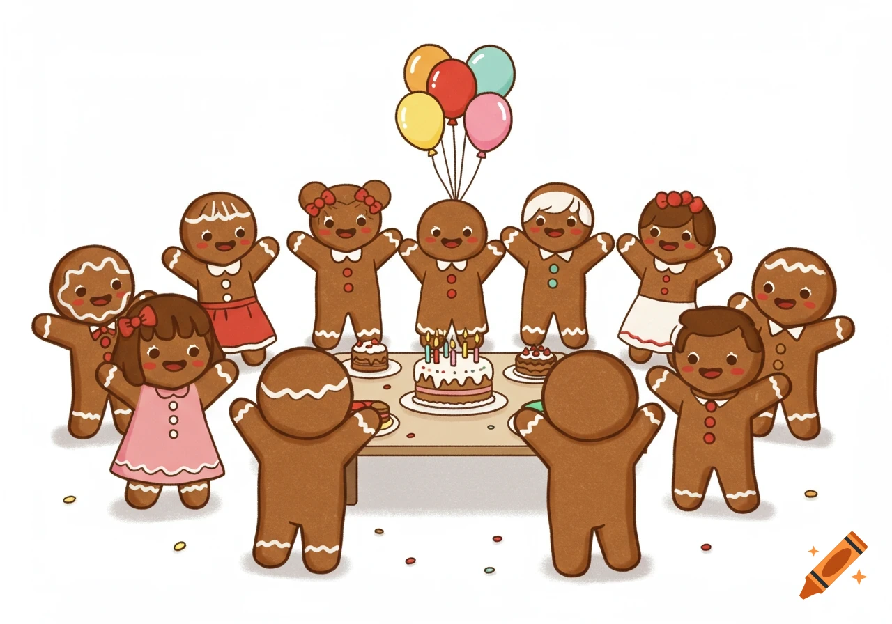 Cartoon gingerbread characters celebrating a birthday with a cake, balloons, and scattered sprinkles on a white background.