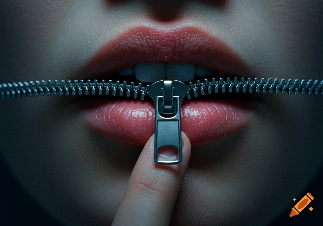 Close-up of a person's mouth with a metal zipper closing across the lips, a finger touches the zipper pull.