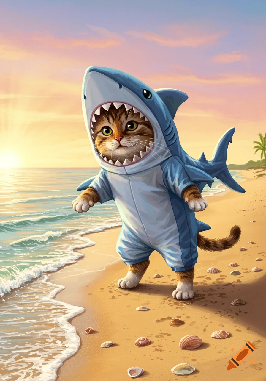 A cute illustrated cat in a blue shark costume stands on a sandy beach by the ocean during sunset.