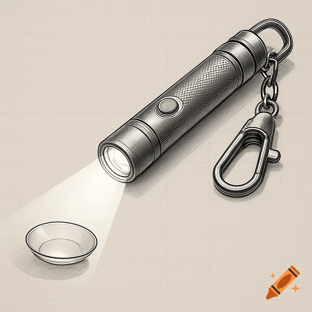 A technical drawing of a pen-style flashlight with a keychain clip, illuminating a contact lens on a light gray grid.