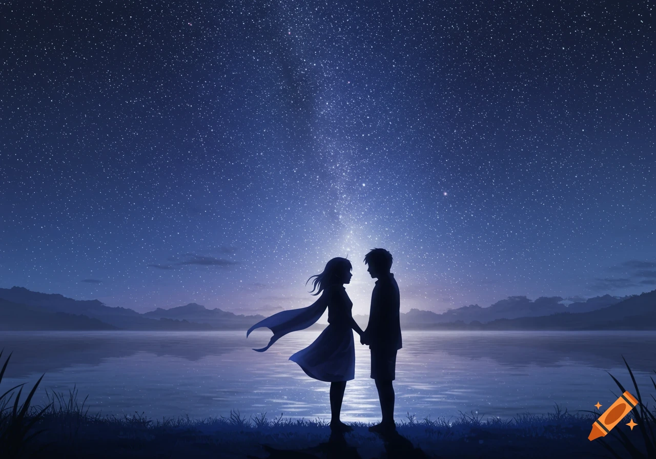 Anime style silhouettes of a couple holding hands by a lake under a vibrant, star-filled night sky.
