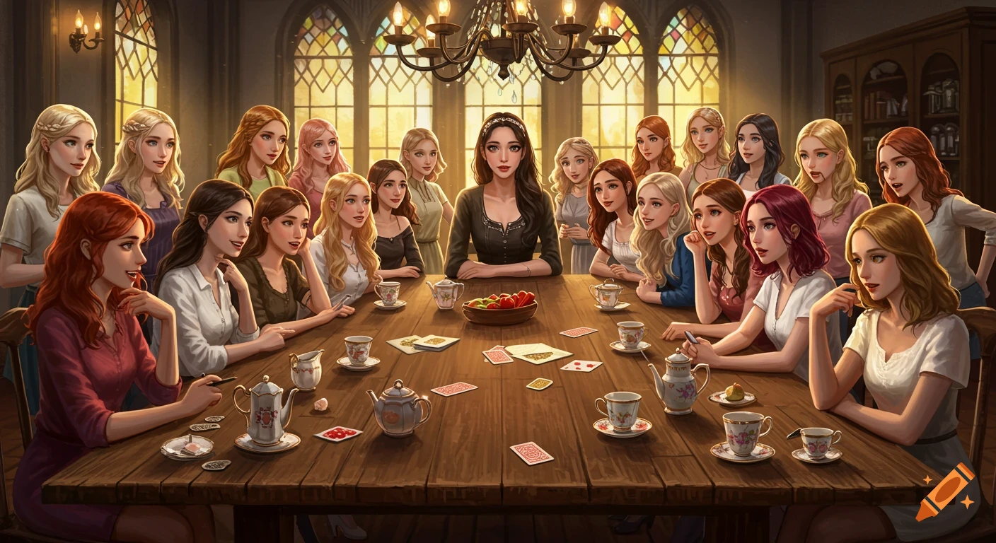 A large group of beautiful women with diverse hair colors sit around a wooden table with teacups and cards in a warmly lit, ornate room.