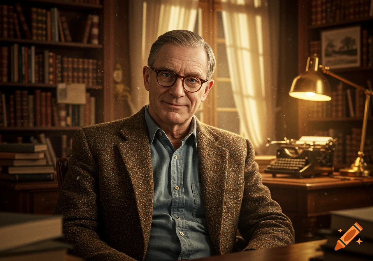 A distinguished older man with glasses and a tweed jacket smiles in a cozy library with bookshelves, a desk lamp, and a typewriter.