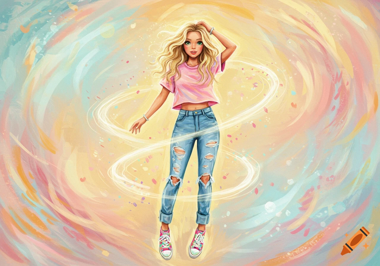 A digital illustration of a blonde woman in a pink crop top, ripped jeans, and colorful sneakers, standing against a pastel swirling abstract background.