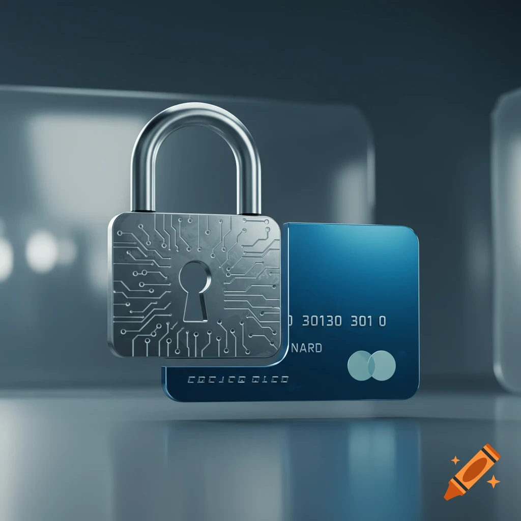 A silver padlock with circuit patterns floats in front of a blue credit card, symbolizing secure online transactions.