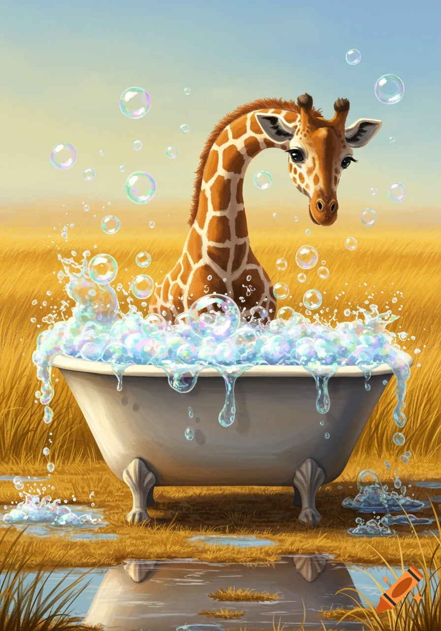 A whimsical cartoon giraffe with its long neck in a giant bubble bath, splashing water in a sunny savanna.
