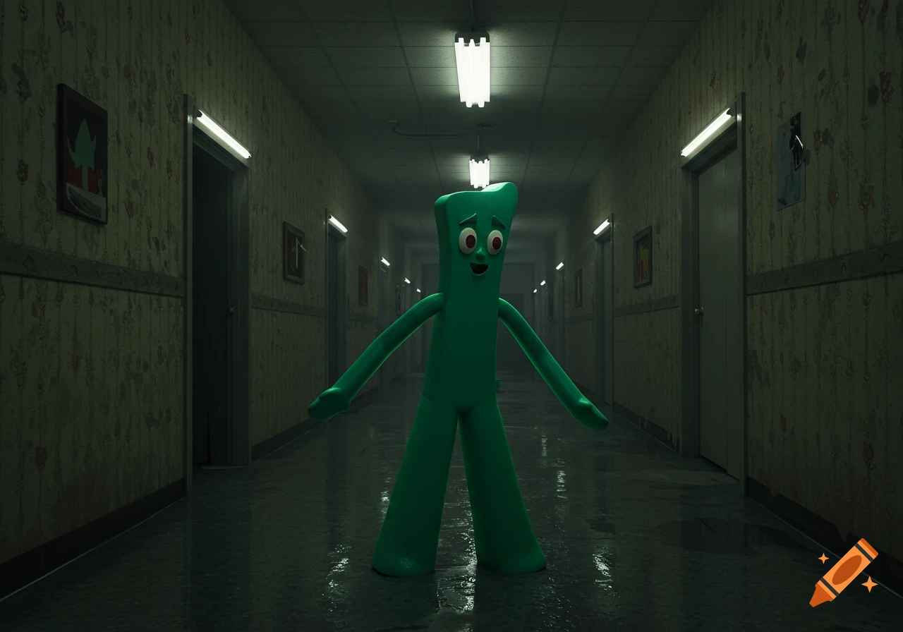 A nervous-looking Gumby stands in a long, dimly lit, wet hallway with patterned wallpaper and fluorescent lights, resembling the backrooms.